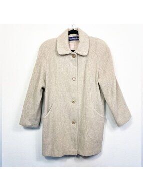 Herman Kay Vintage Wool Coat Oatmeal Tan Button-Up Lined Shoulder Pads Sze Large
